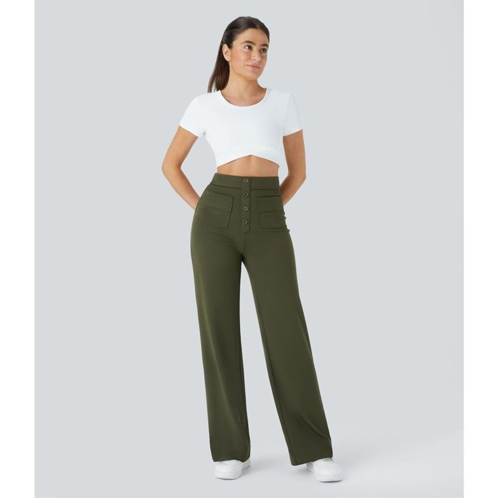 NEW Halara DayStretch High Waisted Pockets Straight Casual Pants Forest S Tall